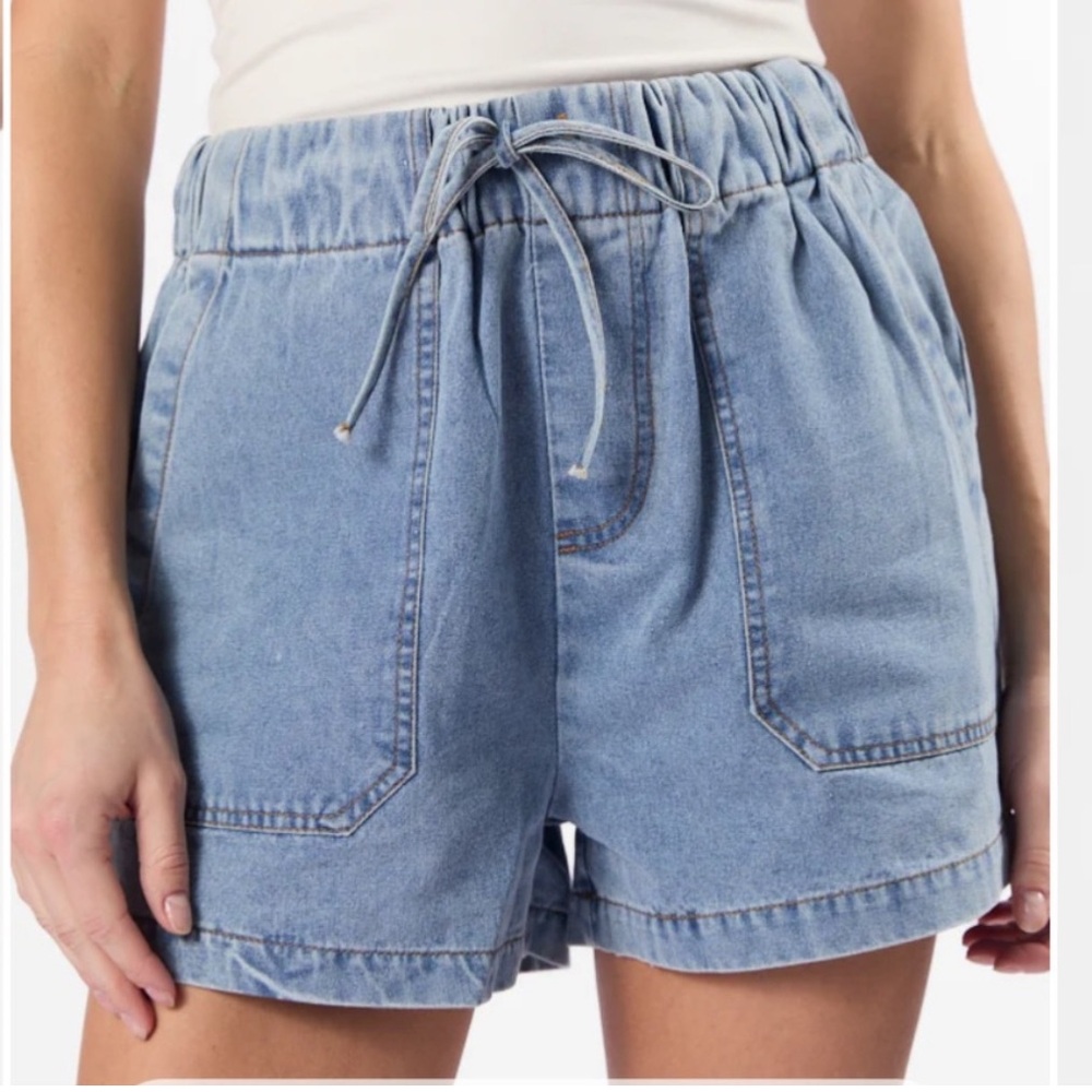 Pink Lily Light Blue Denim Drawstring Shorts